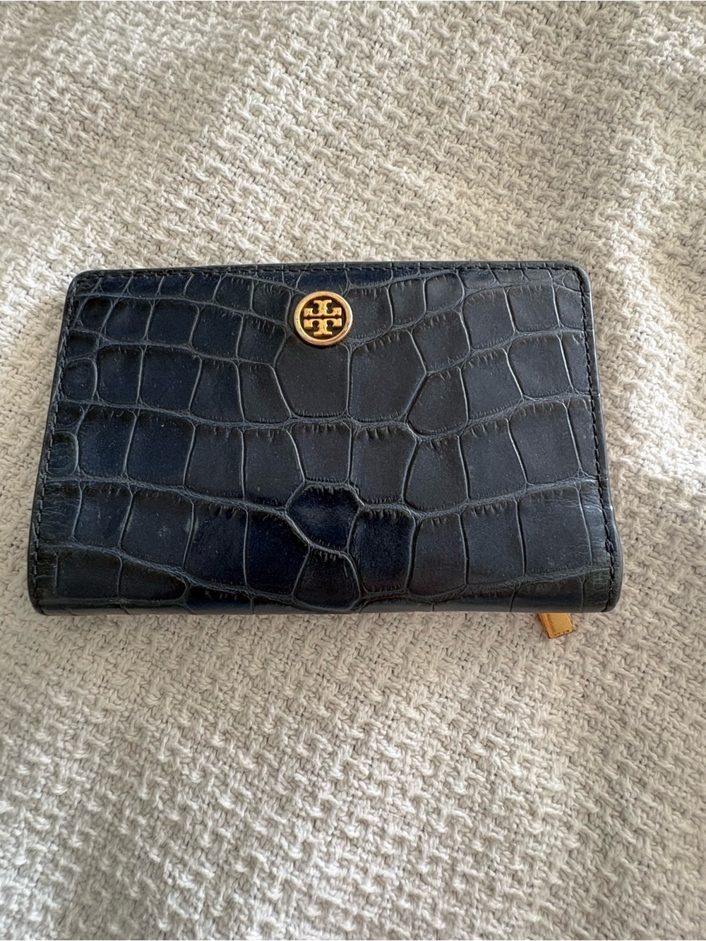 Tory Burch Black Croc-Embossed Compact Wallet with Gold Logo Medallion